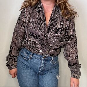 Vtg Susan Hutton Black & White Button Down Double Breasted Blouse Size‎ 14